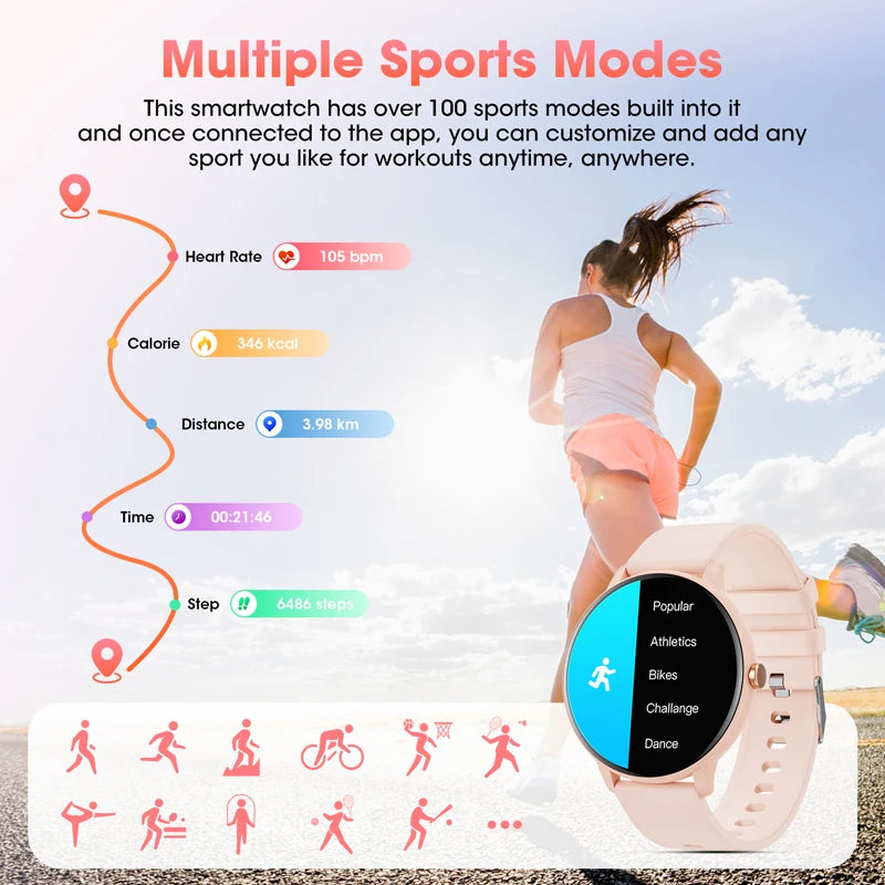 Women's and Men's Bluetooth Touch Screen smart watches Health Monitoring, Waterproof Fitness