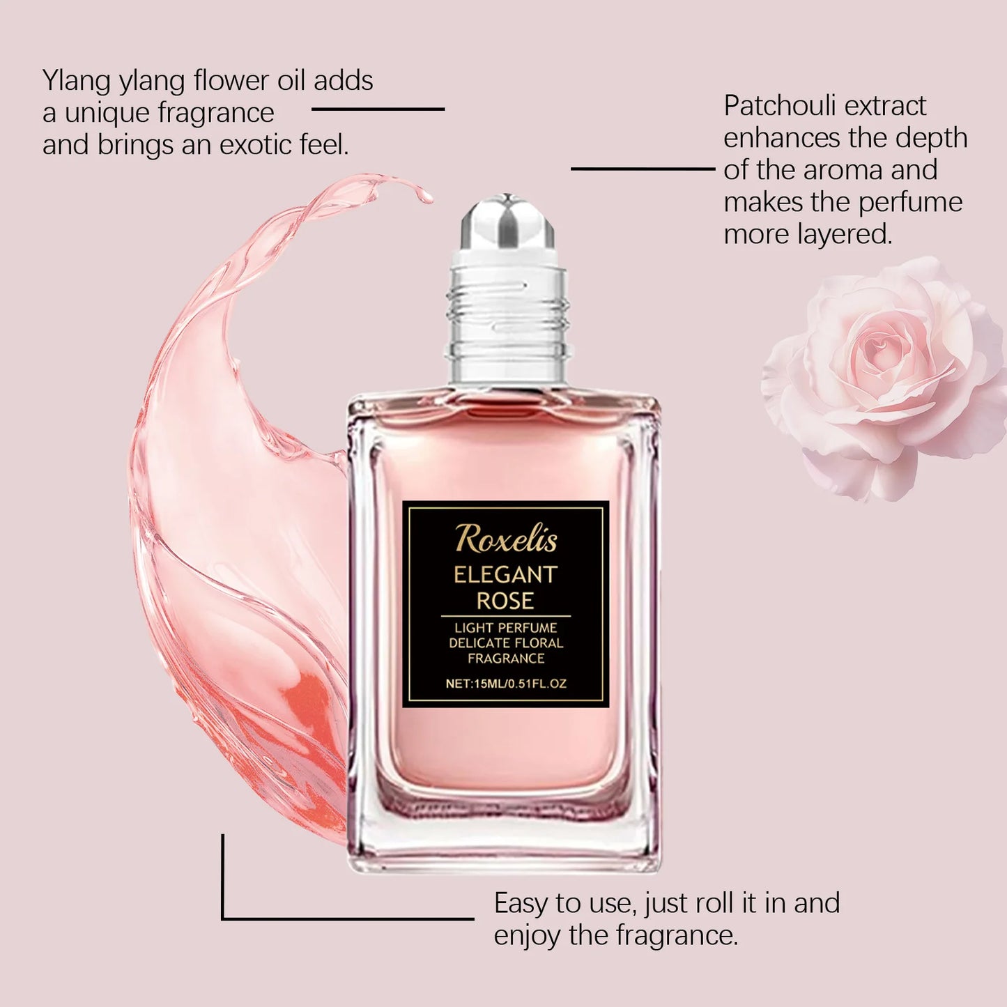 Roxelis 15ml Rose Perfume Roller Ball Floral Scent Lasting Elegant Perfume