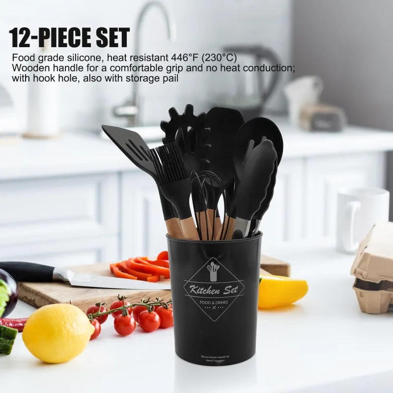 12 Silicone Kitchen Utensils With Solid Wood Handles and a Holder Bucket