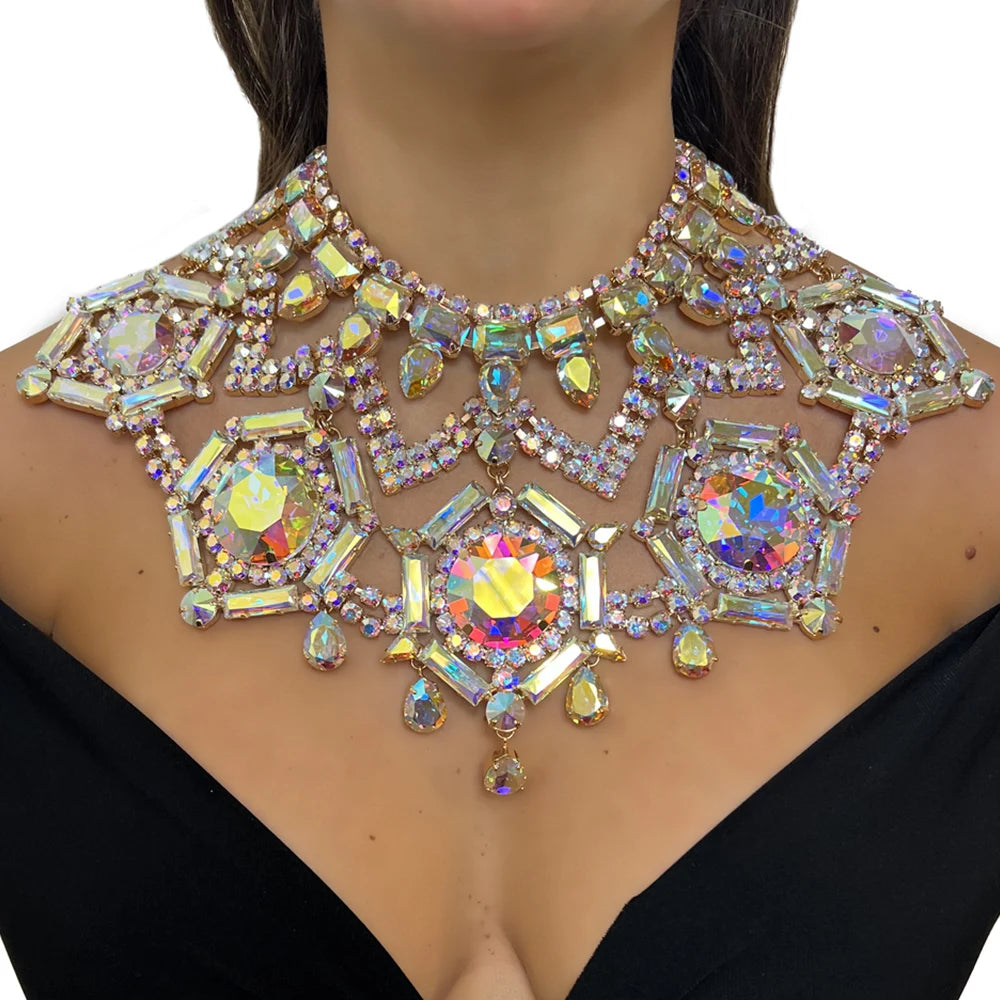 AB Color Geometric Necklace Accessories Exaggerated Jewelry Luxury Crystal