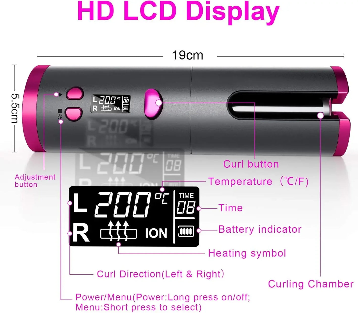 Wireless Hair Curler USB Rechargeable Display Temperature and Adjustable Timing
