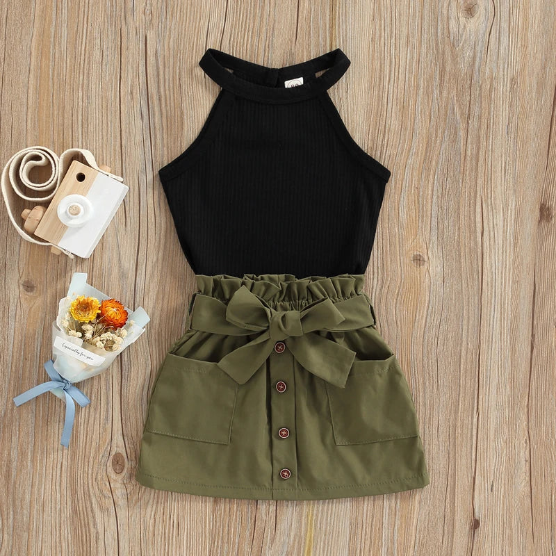Girls 2-Piece Summer Set Striped Crop Top Denim Shorts with Bow Detail