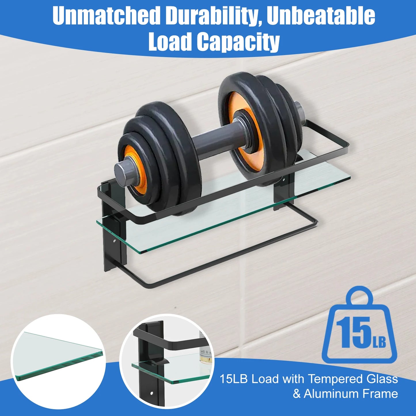 2- Tier Glass Bathroom Shelf with Towel Bar Rustproof Metal Wall Organizer