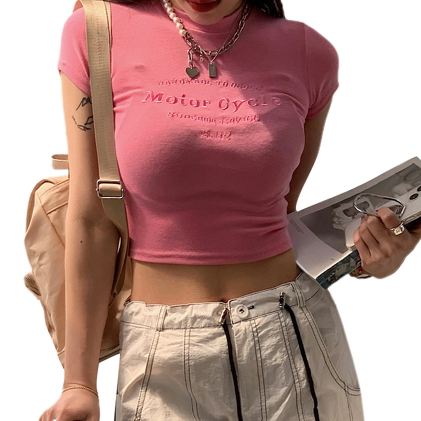 Women Round Neck Cropped Tops Short Sleeve Letter Tees