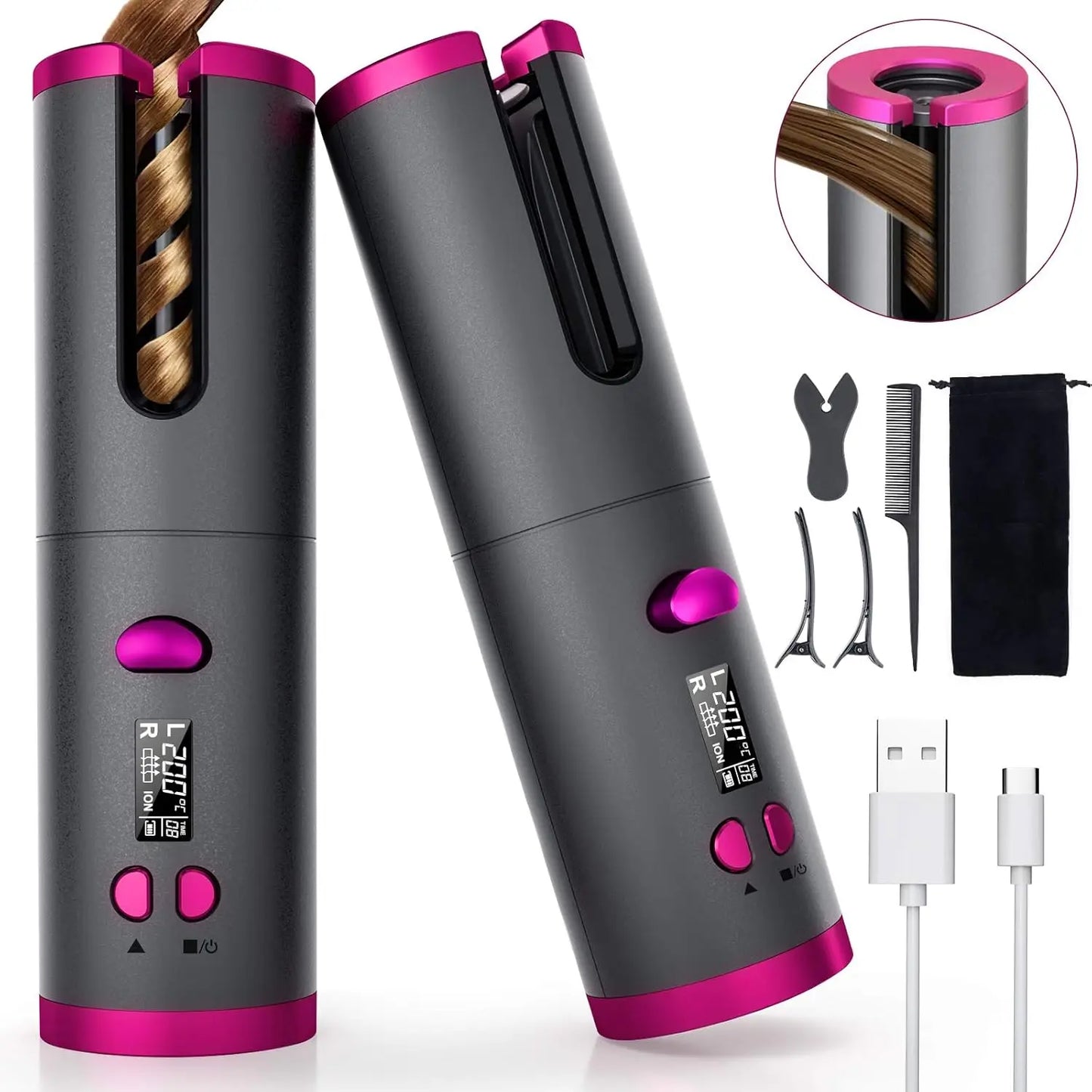 Wireless Hair Curler USB Rechargeable Display Temperature and Adjustable Timing