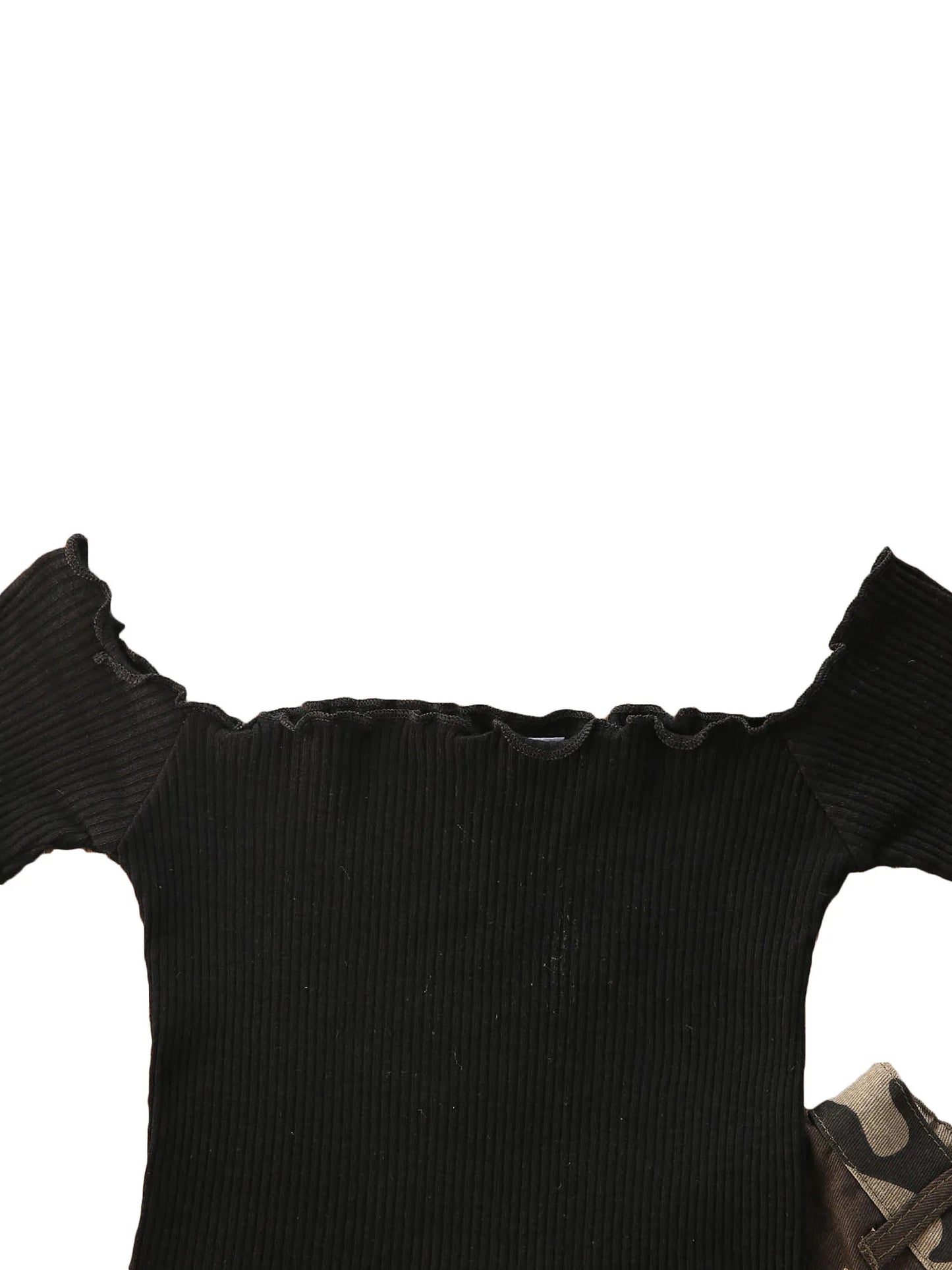 2Pcs Girl Outfit Set Boat-Neck Crop Top with Short Sleeves and Camouflage Pants for Summer Wear