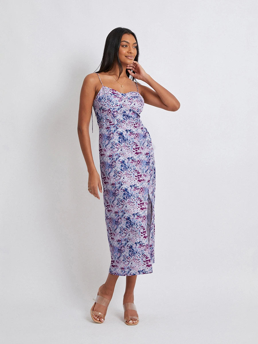 Women Floral Spaghetti Strap Summer Dress, Long Split Dress for Beach Or Streetwear
