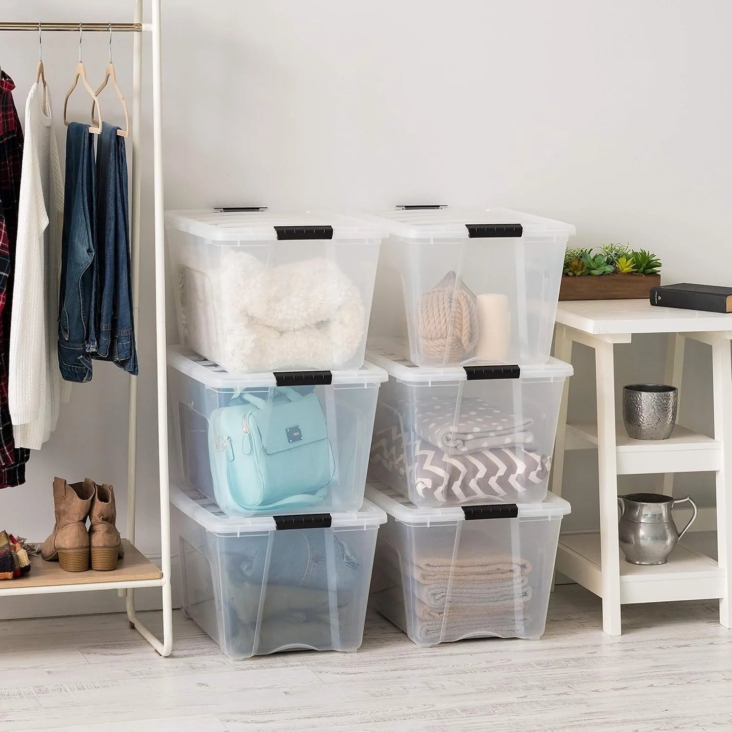 6 Pack Stackable Storage Bins with Lids and Latching Buckles
