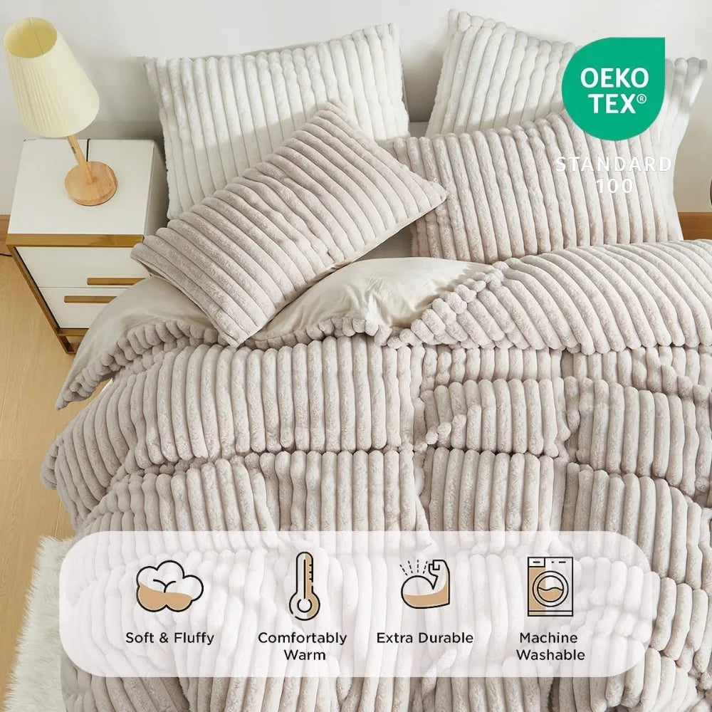 3PCS Queen Size Velvet Flannel Beige Striped Reversible Comforter Set