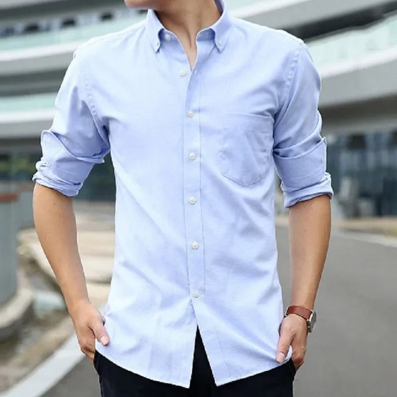Men's solid color long-sleeve plain shirt single pocket top soft slim fit formal clothes