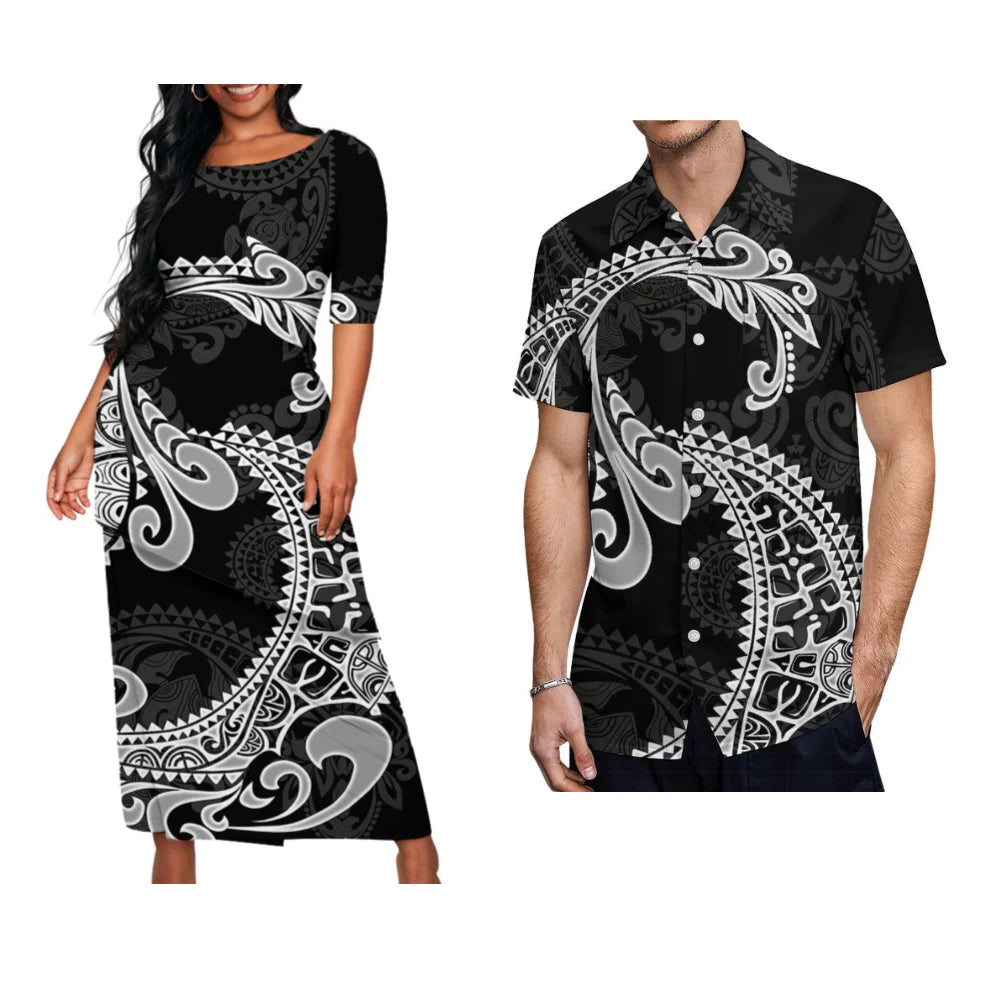 Ladies Puletasi Custom Matching Men's Shirt Samoa Vintage Maxi Dress Set
