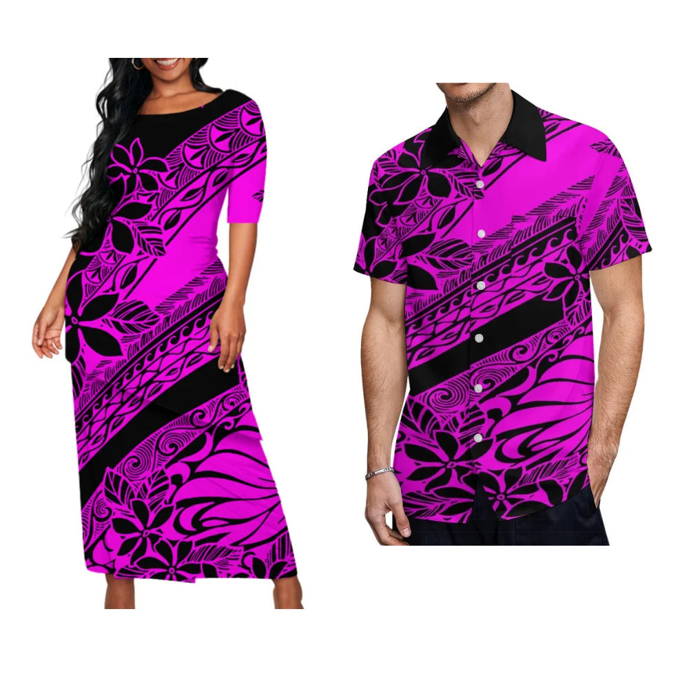 Ladies Puletasi Custom Matching Men's Shirt Samoa Vintage Maxi Dress Set