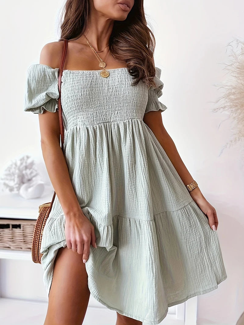 Women's Casual Off-Shoulder Dress with Bubble Sleeves, Midi-Length, Stretchy, Elegant Ruffles