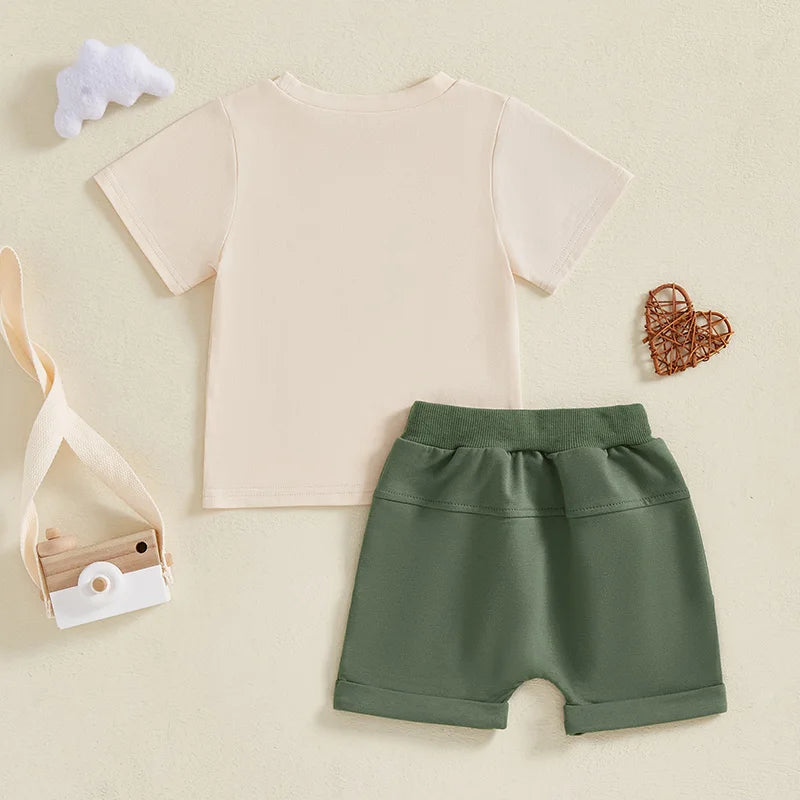 Boy Summer Outfit Set with T-shirt and Elastic Waist Shorts Set