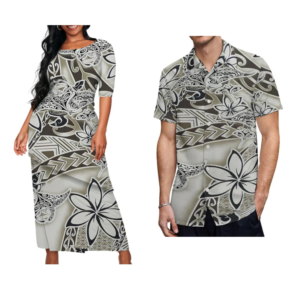 Ladies Puletasi Custom Matching Men's Shirt Samoa Vintage Maxi Dress Set