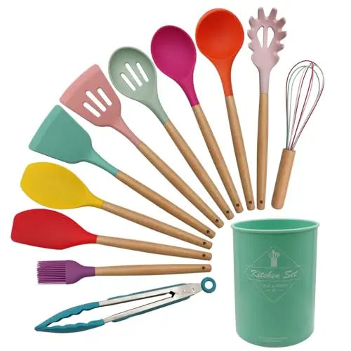 12 Silicone Kitchen Utensils With Solid Wood Handles and a Holder Bucket