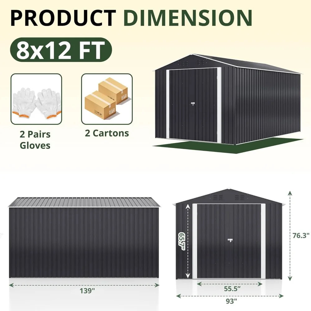 8x12 FT Outdoor Storage Shed, Garden Shed with Updated Frame Structure and Lockable Doors Metal Tool Sheds