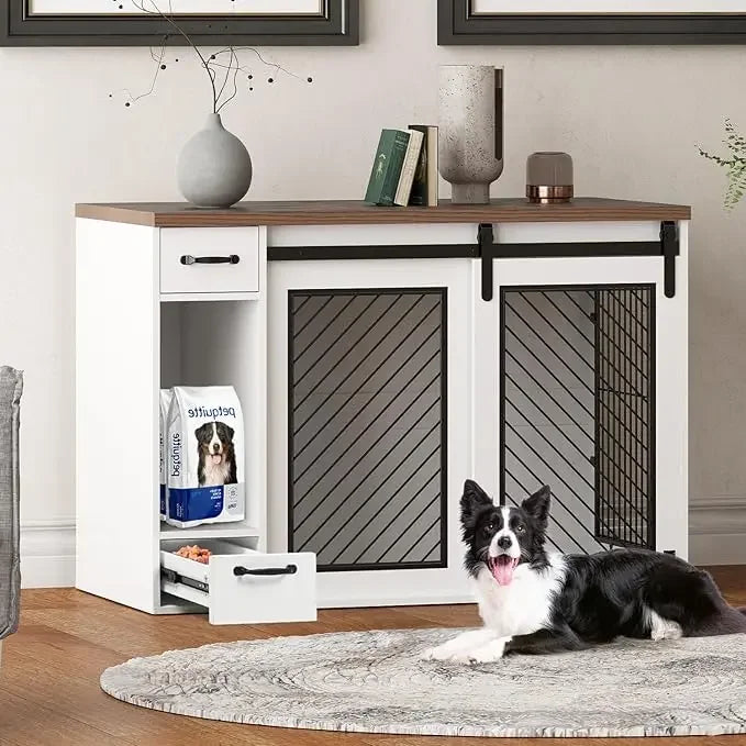Extra Large Dog Crate Furniture, 85" Sliding Door Double Kennel for 2 Large Dogs Divided