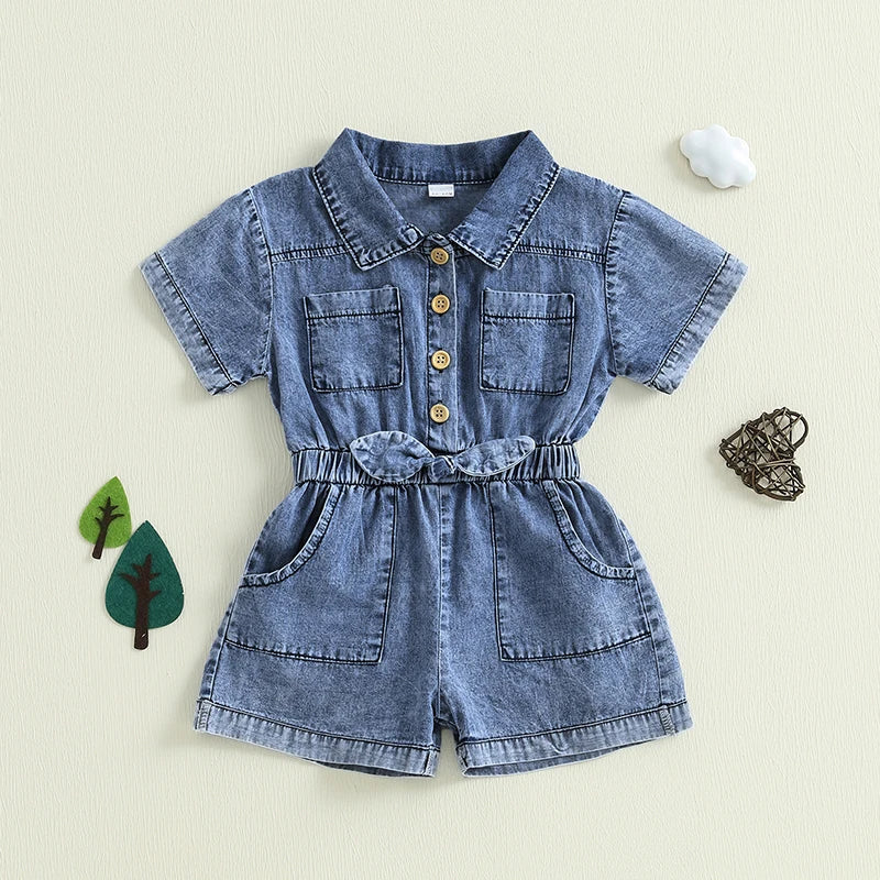Girls Denim Overall with   Adjustable Straps A-Line Button Front Closure Elastic Waistband