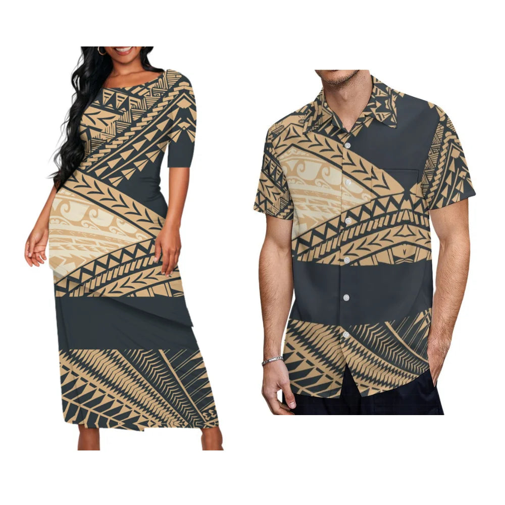 Couple Matching Suit women Long Dress and Men's Hawaiian Shirt