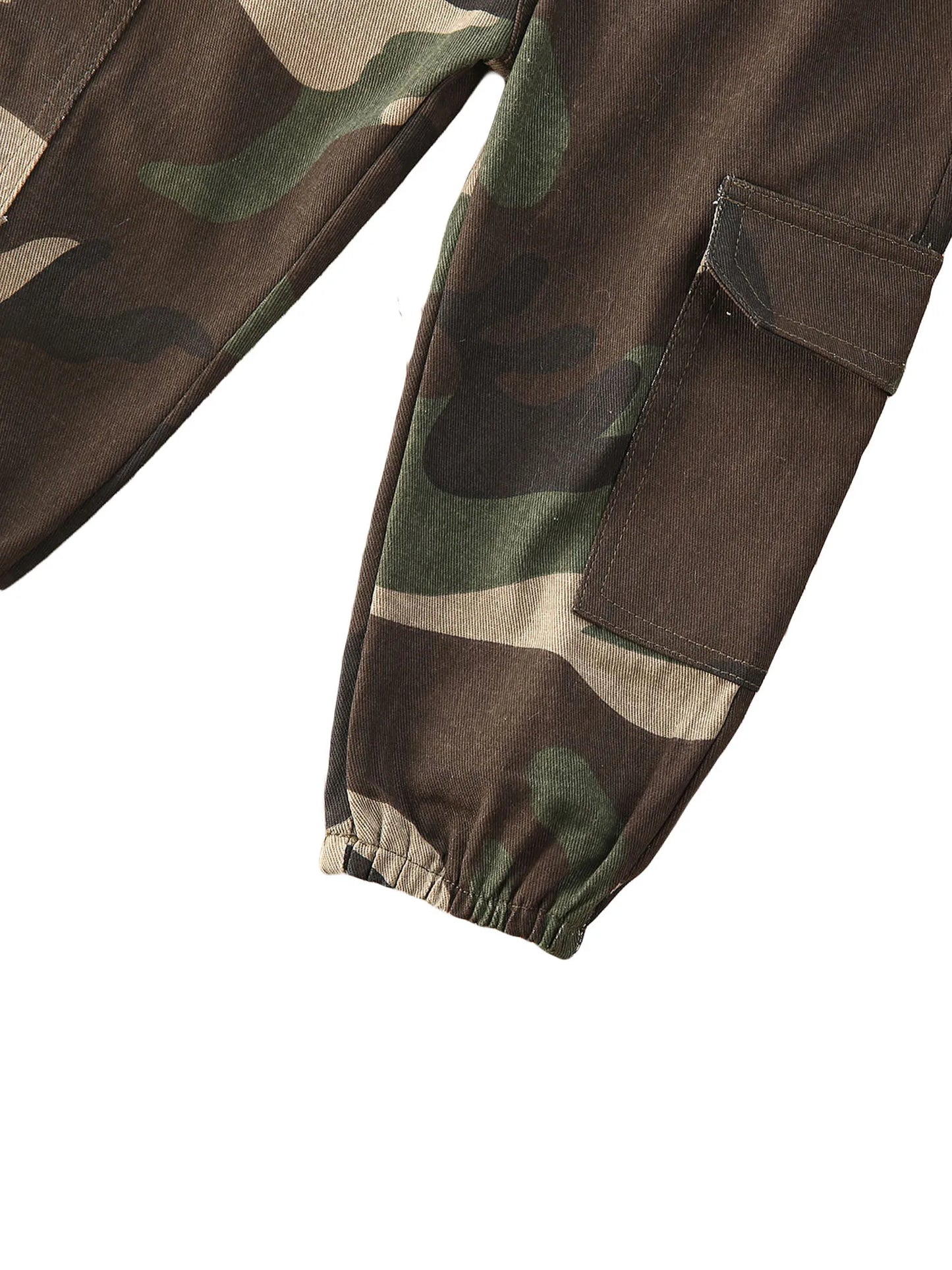 2Pcs Girl Outfit Set Boat-Neck Crop Top with Short Sleeves and Camouflage Pants for Summer Wear