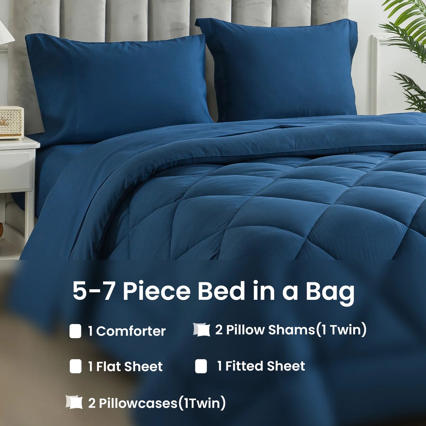 7 Pieces Reversible Bed in a Bag Set with Soft Quilted Lightweight Comforter