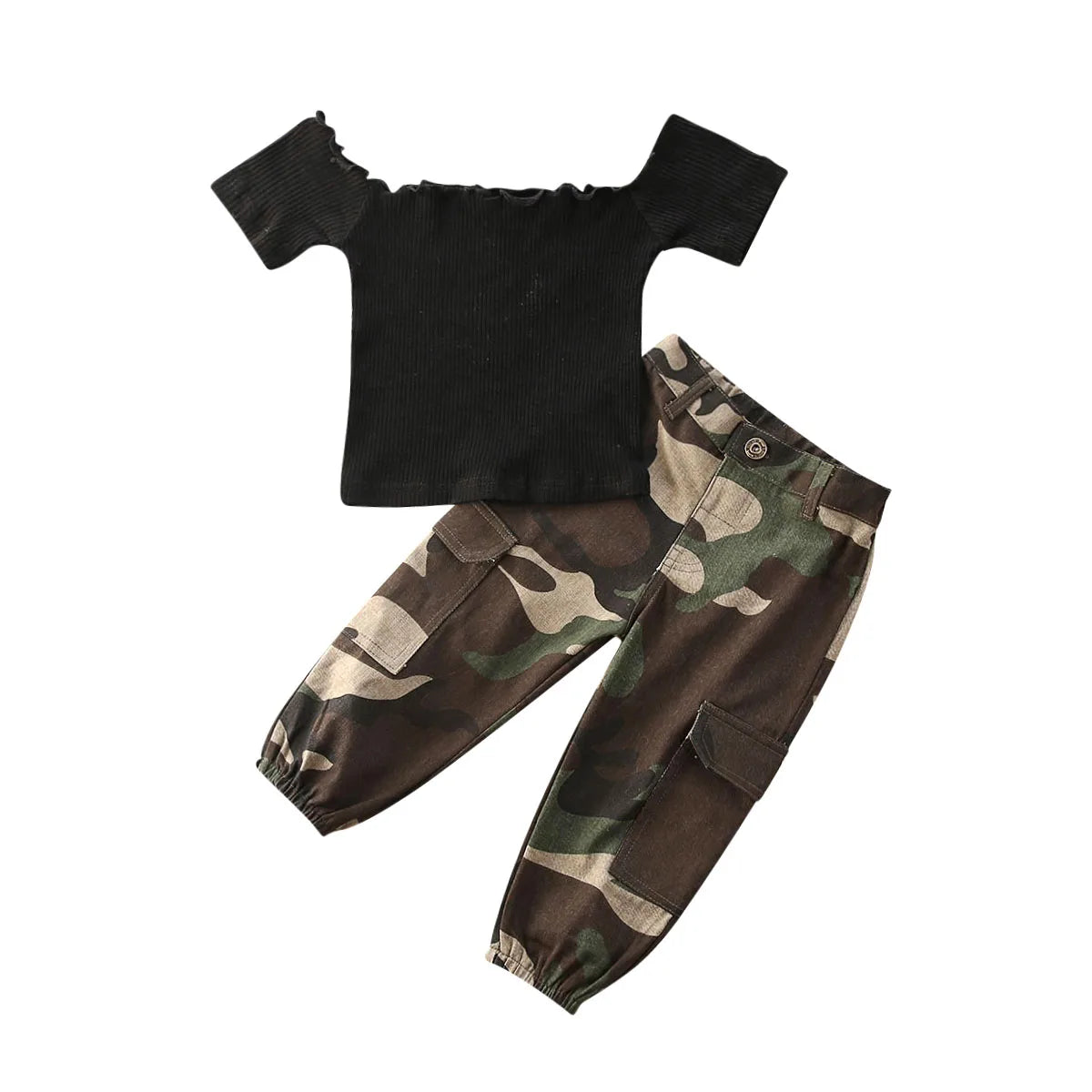 2Pcs Girl Outfit Set Boat-Neck Crop Top with Short Sleeves and Camouflage Pants for Summer Wear