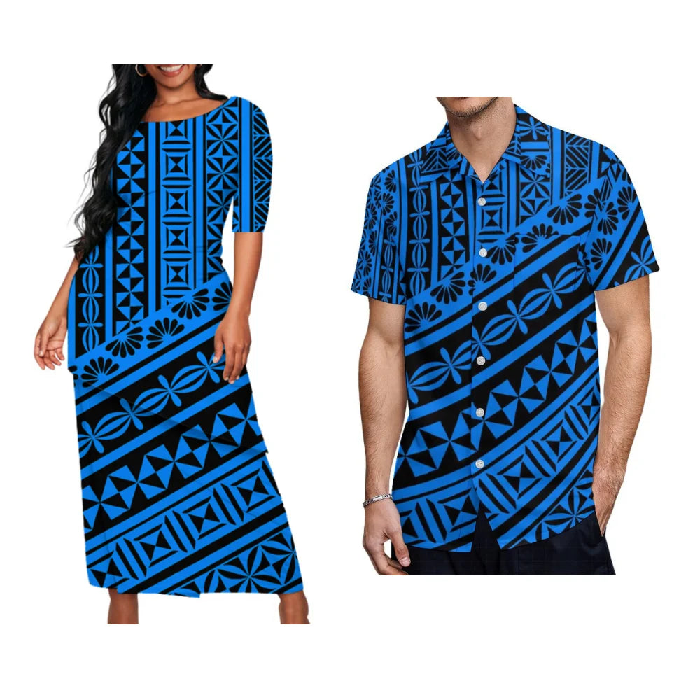 Couple Matching Suit women Long Dress and Men's Hawaiian Shirt
