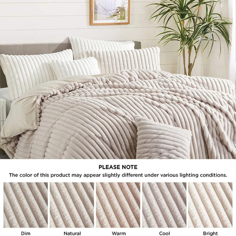3PCS Queen Size Velvet Flannel Beige Striped Reversible Comforter Set