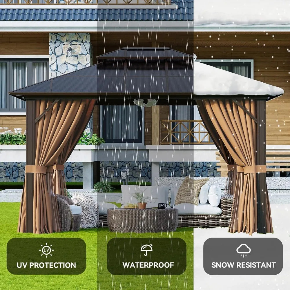 10'x12' Hardtop Aluminum Frame Permanent Pavilion with Curtains and Netting, Outdoor Gazebo