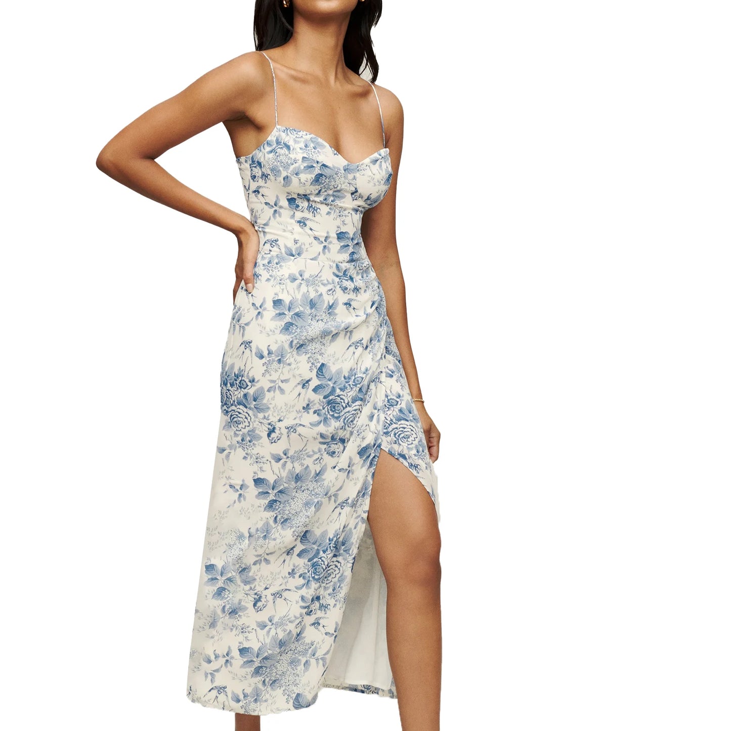 Women Floral Spaghetti Strap Summer Dress, Long Split Dress for Beach Or Streetwear