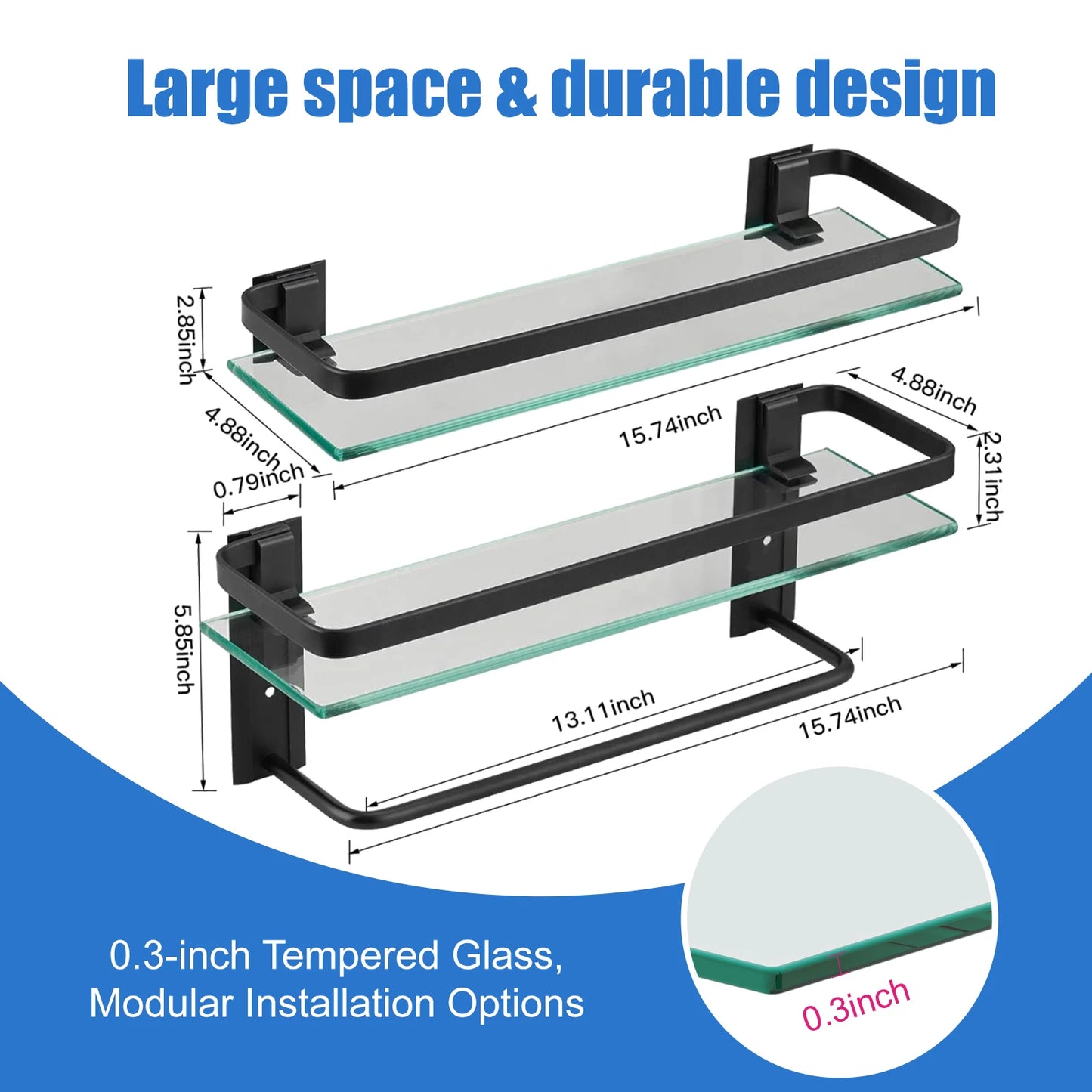 2- Tier Glass Bathroom Shelf with Towel Bar Rustproof Metal Wall Organizer