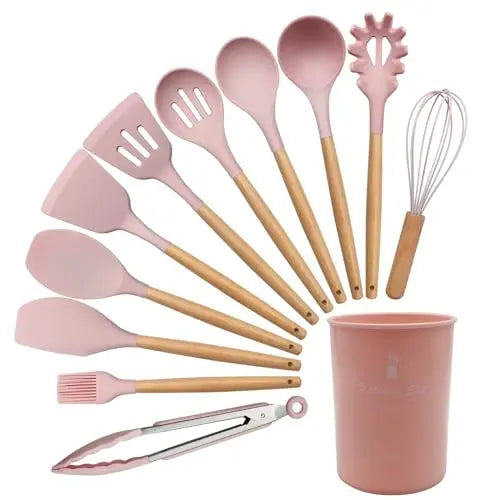 12 Silicone Kitchen Utensils With Solid Wood Handles and a Holder Bucket