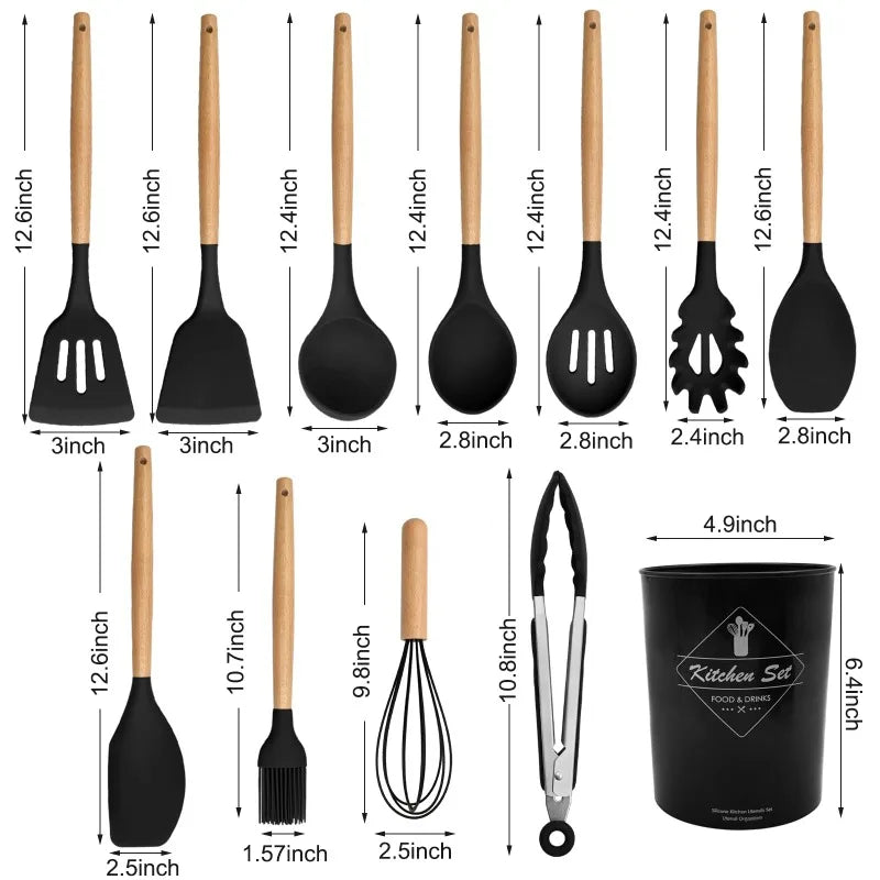 12 Silicone Kitchen Utensils With Solid Wood Handles and a Holder Bucket