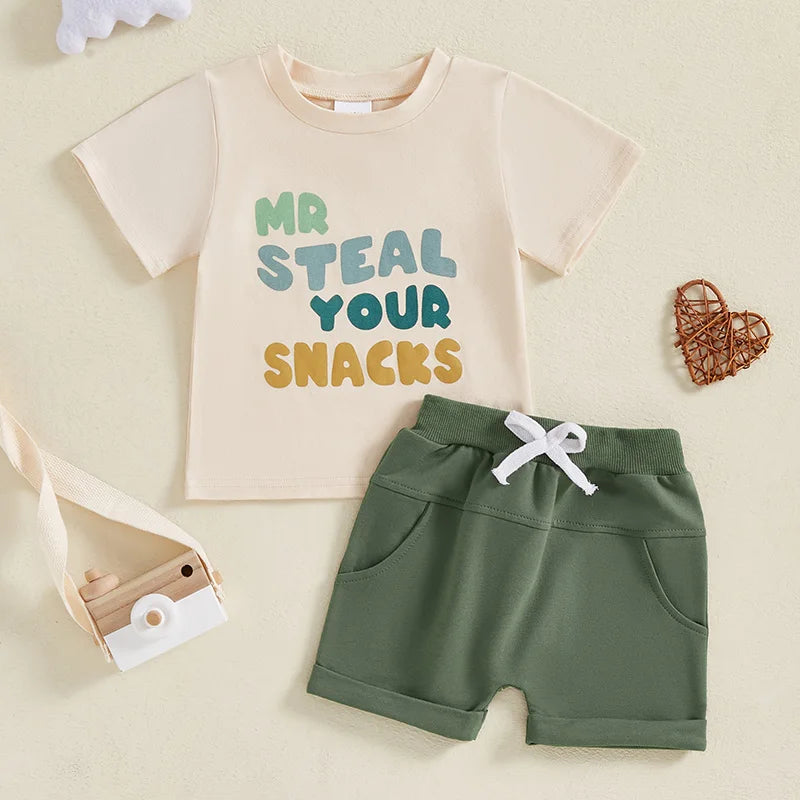 Boy Summer Outfit Set with T-shirt and Elastic Waist Shorts Set