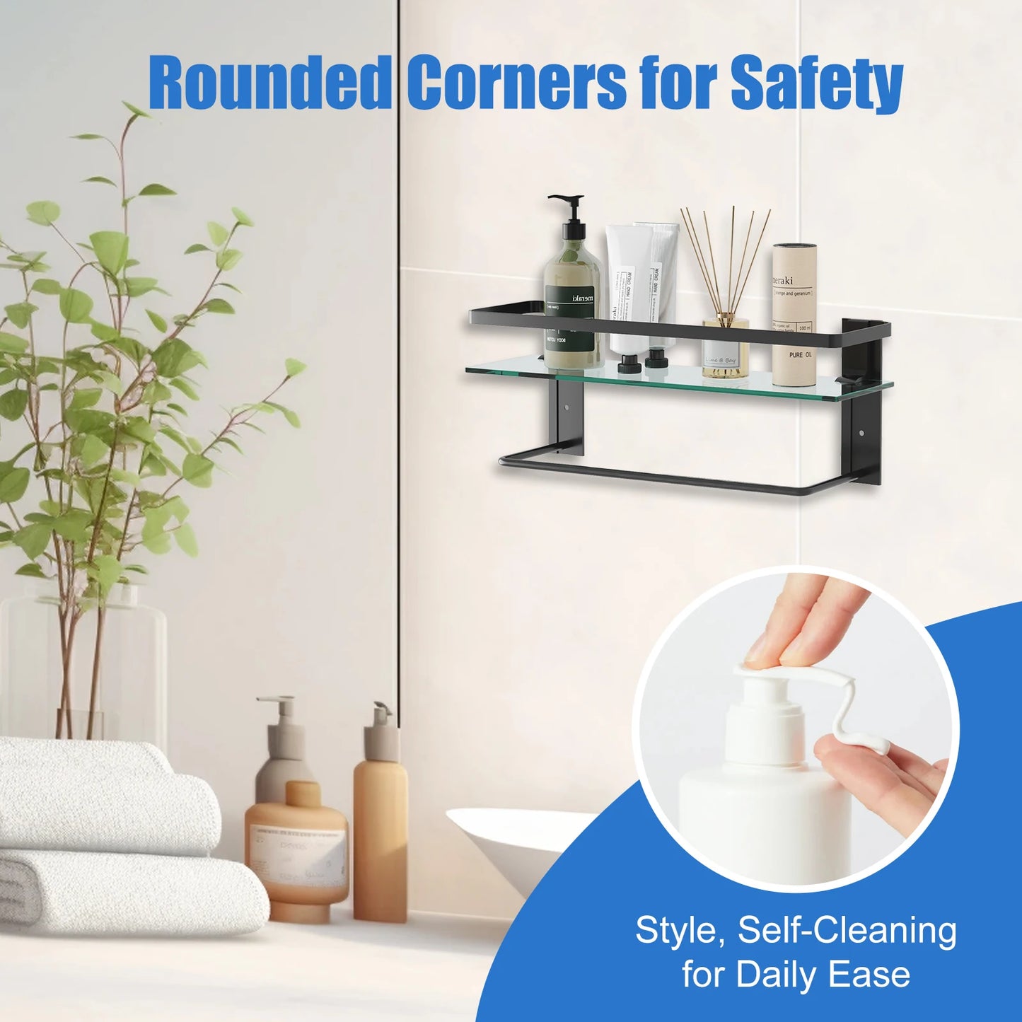 2- Tier Glass Bathroom Shelf with Towel Bar Rustproof Metal Wall Organizer