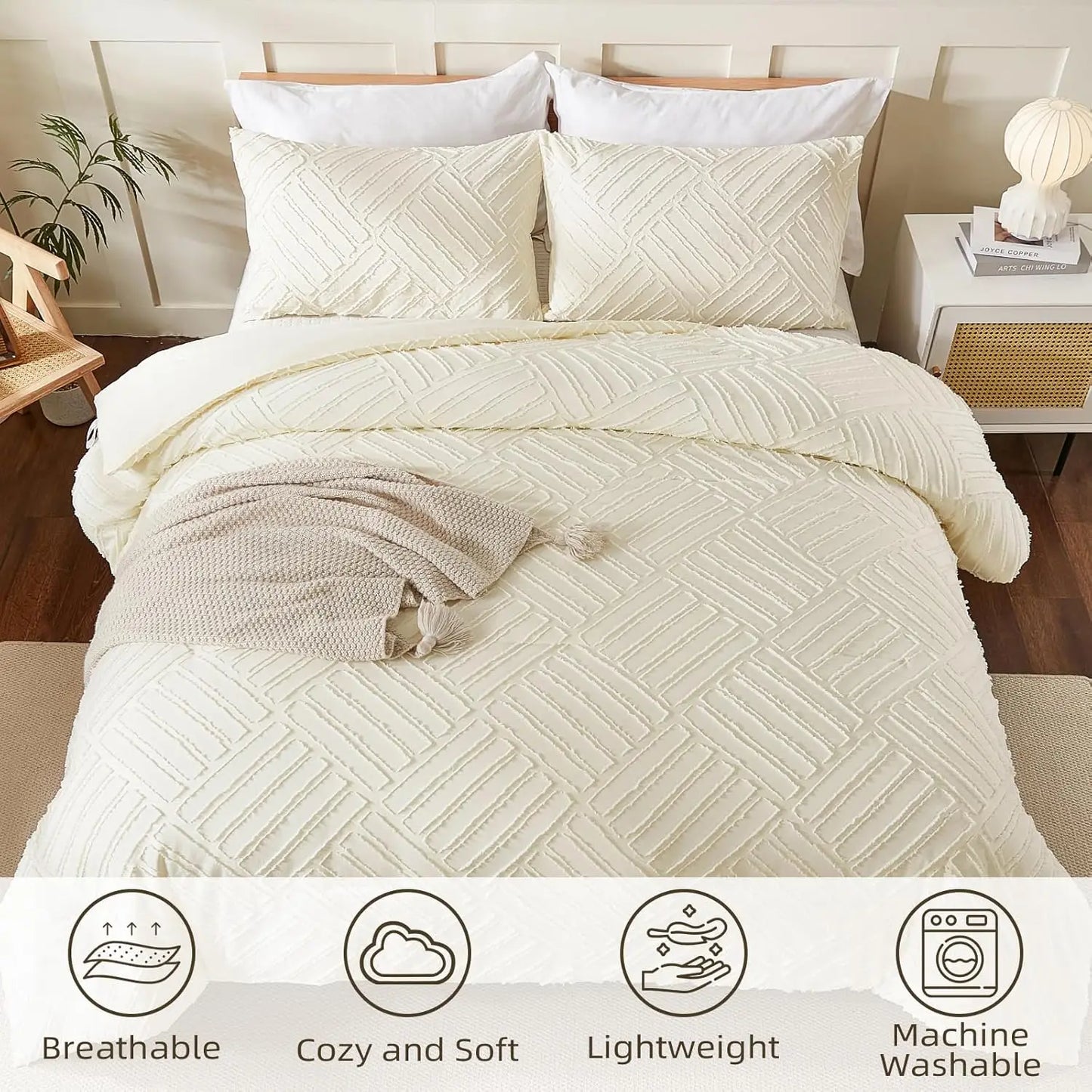 King Size, Cream 3 Piece Soft Farmhouse Comforter Set