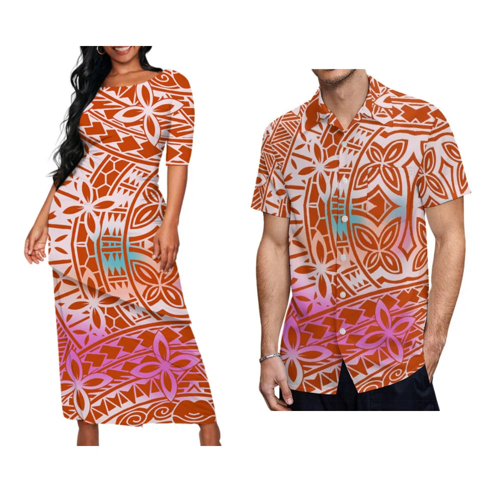 Couple Matching Suit women Long Dress and Men's Hawaiian Shirt
