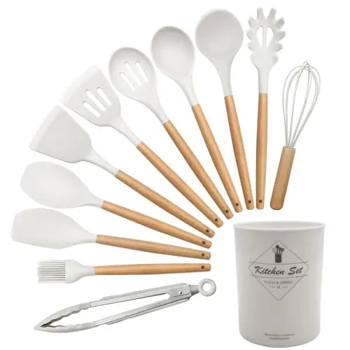 12 Silicone Kitchen Utensils With Solid Wood Handles and a Holder Bucket