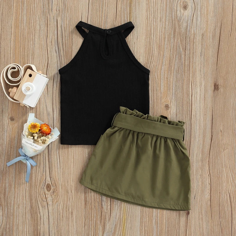 Girls 2-Piece Summer Set Striped Crop Top Denim Shorts with Bow Detail