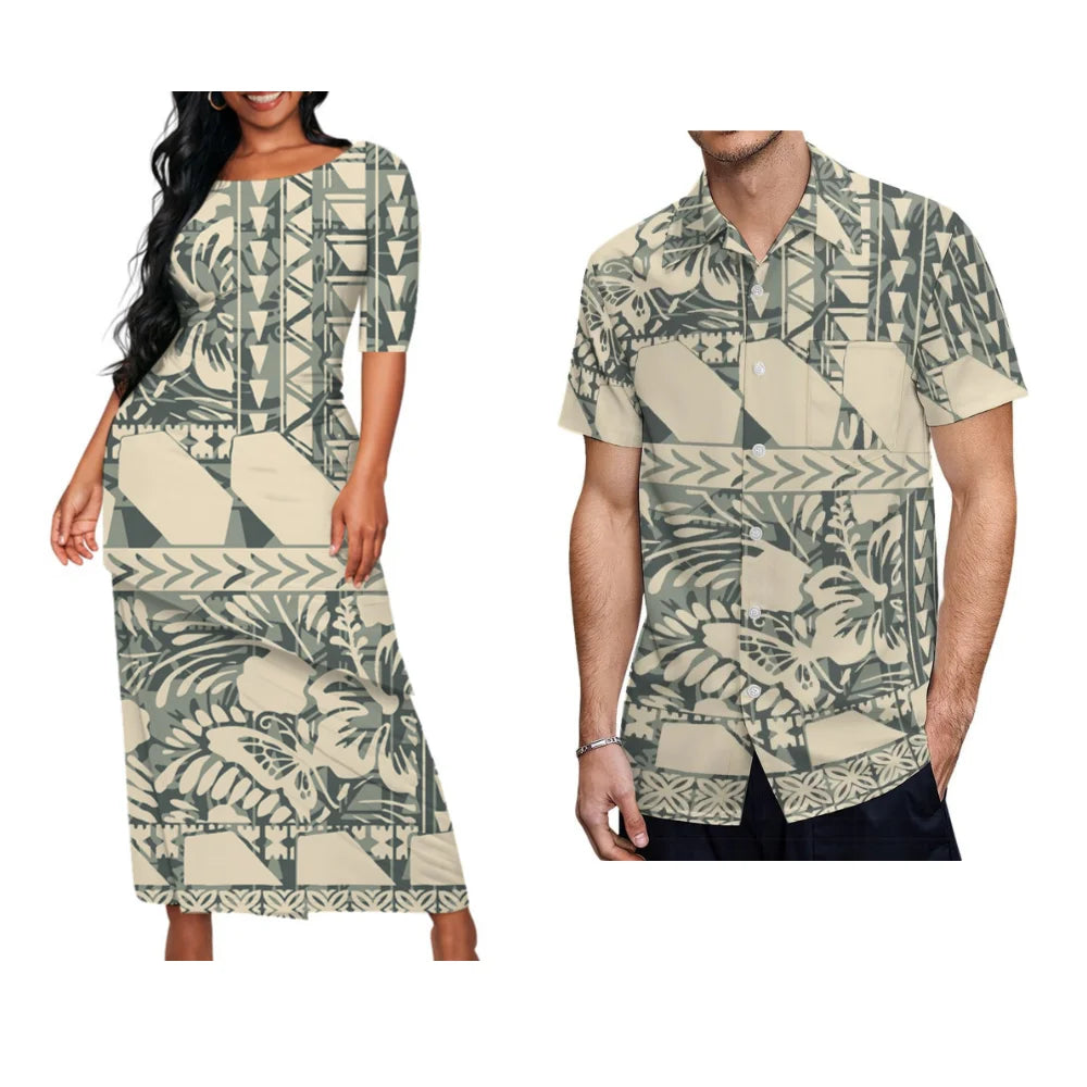 Ladies Puletasi Custom Matching Men's Shirt Samoa Vintage Maxi Dress Set