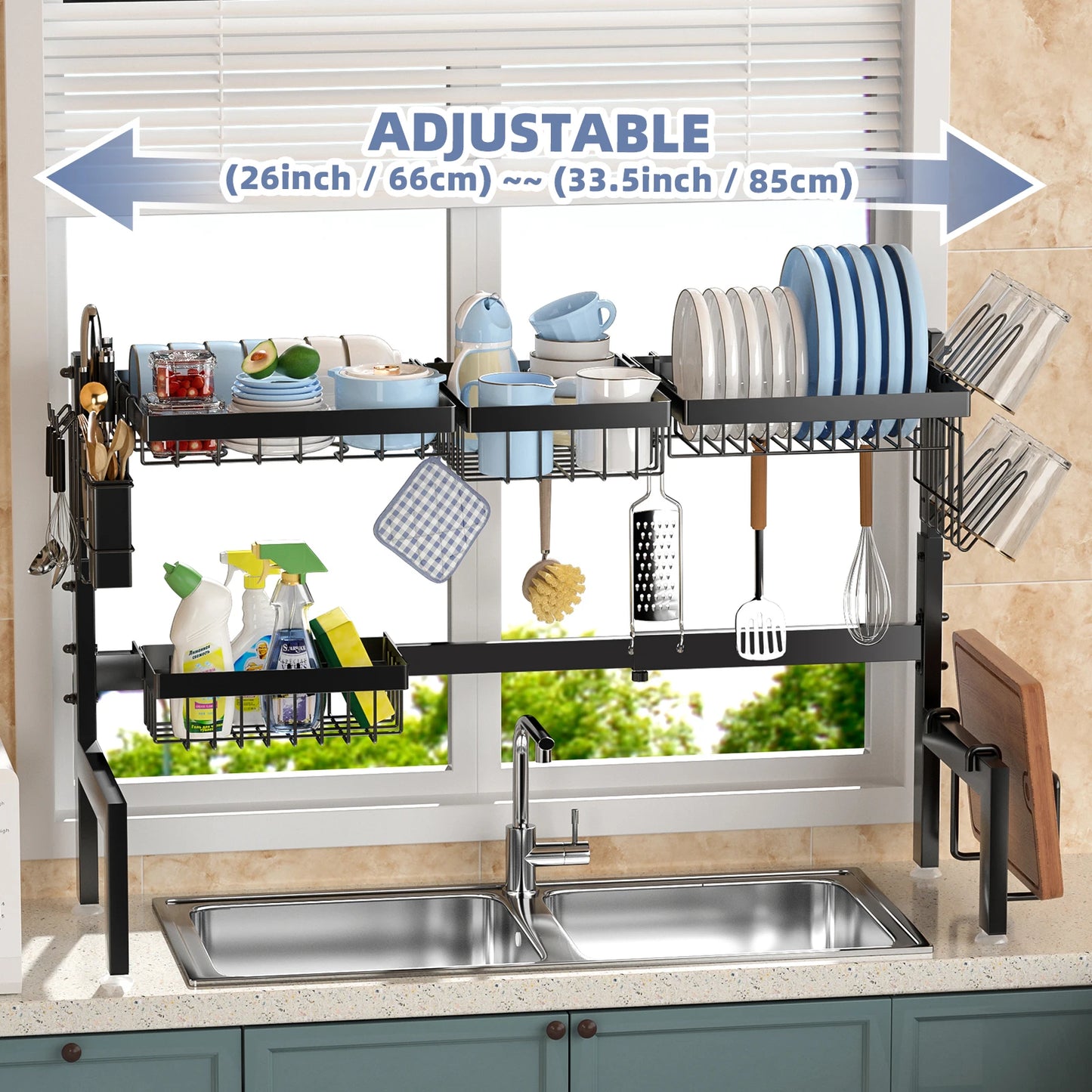 2 Tier Adjustable Over The sink Metal Steel Dish Drying Racks