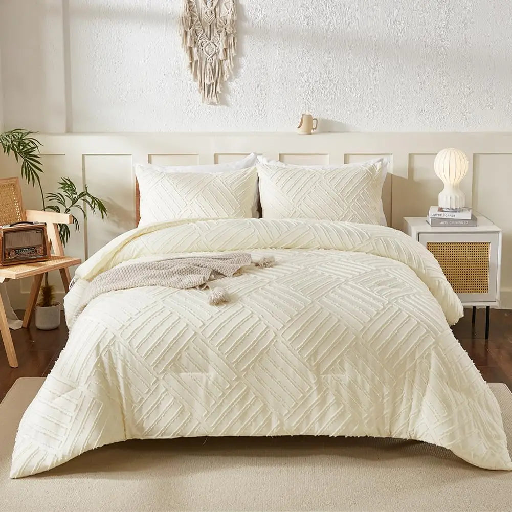 King Size, Cream 3 Piece Soft Farmhouse Comforter Set