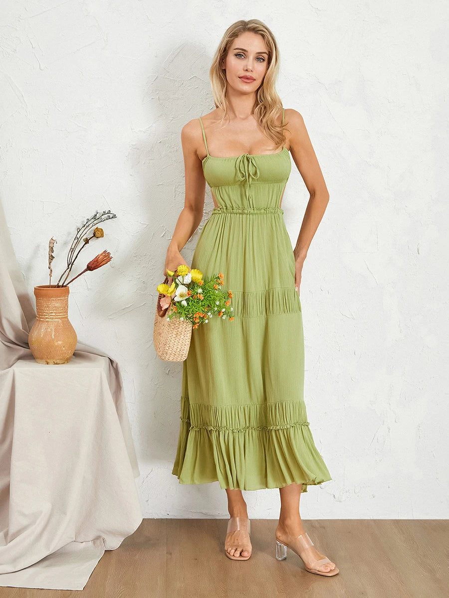 Floral Print Maxi Dress with V-Neckline and Ruffled Hem Perfect for Summer Parties and Beach