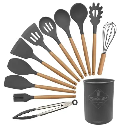 12 Silicone Kitchen Utensils With Solid Wood Handles and a Holder Bucket