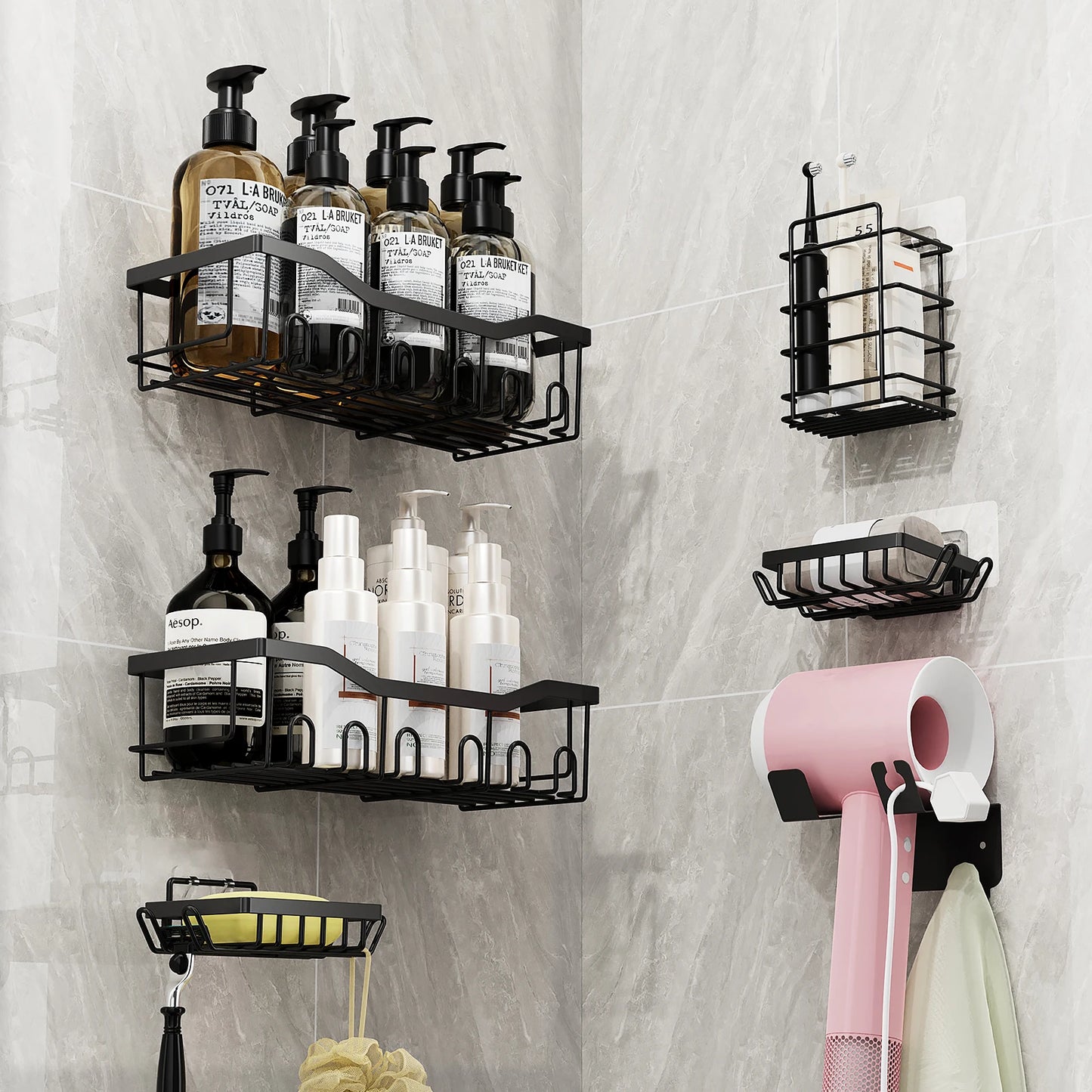 6pcs Stainless Steel Bathroom Kitchen Shelves Accessories