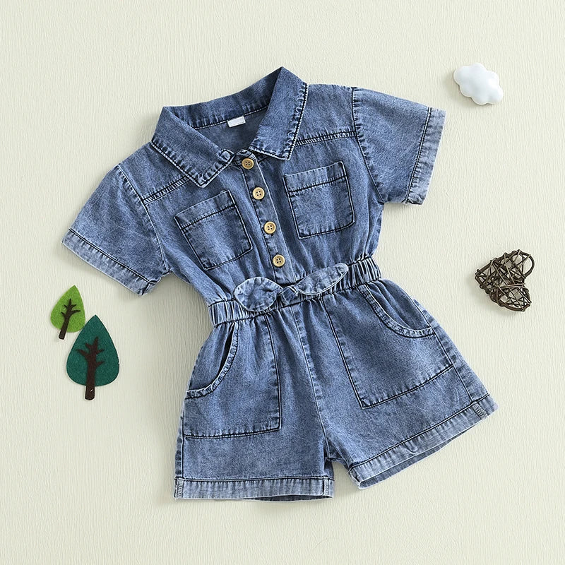 Girls Denim Overall with   Adjustable Straps A-Line Button Front Closure Elastic Waistband