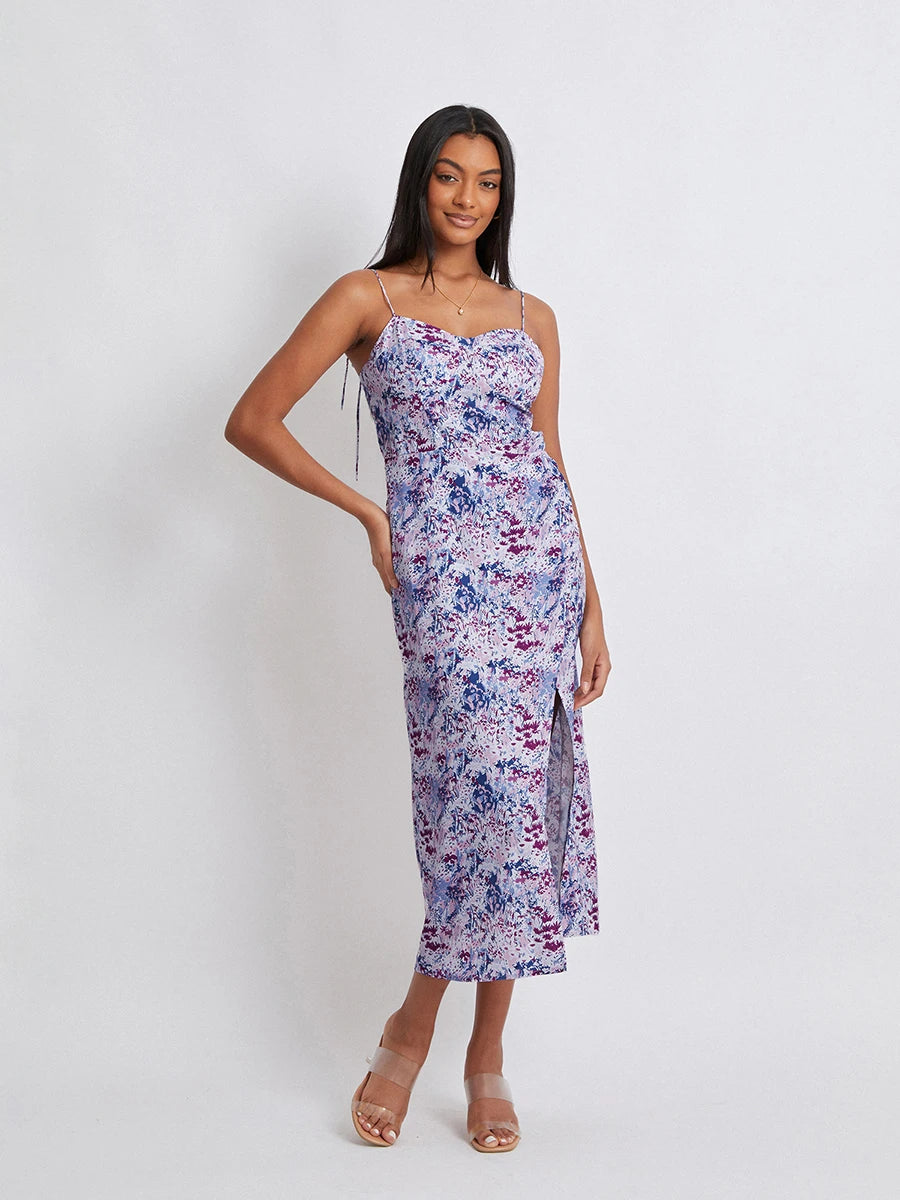 Women Floral Spaghetti Strap Summer Dress, Long Split Dress for Beach Or Streetwear