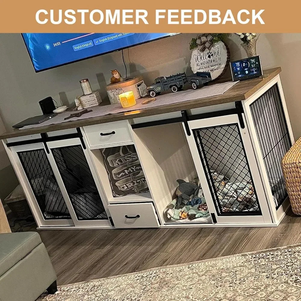 Extra Large Dog Crate Furniture, 85" Sliding Door Double Kennel for 2 Large Dogs Divided