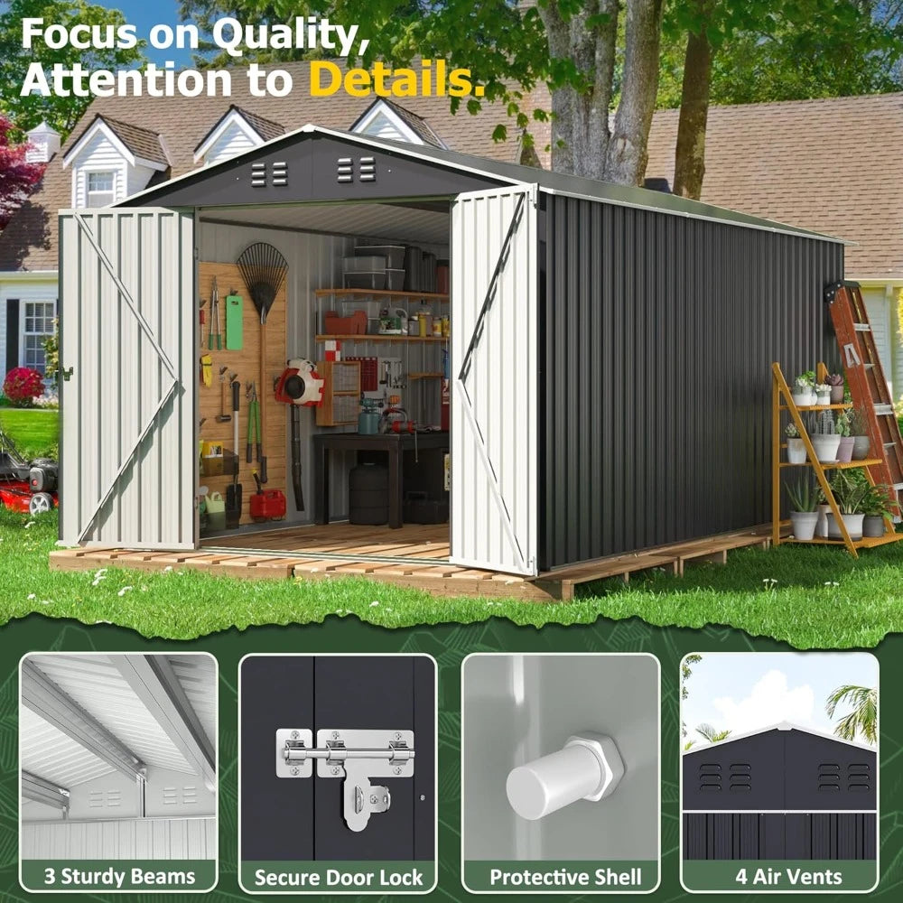 8x12 FT Outdoor Storage Shed, Garden Shed with Updated Frame Structure and Lockable Doors Metal Tool Sheds